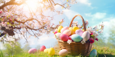 Easter basket filled with colorful eggs amidst blossoming trees, symbolizing renewal and the joy of spring season.