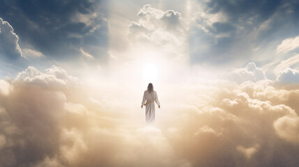 Serene figure surrounded by heavenly clouds and divine light, representing spiritual peace and Easter's resurrection theme