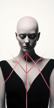 World day against breast cancer. Black and white portrait of woman surrounded by pink ribbon on light background. Disease awareness and research concept.