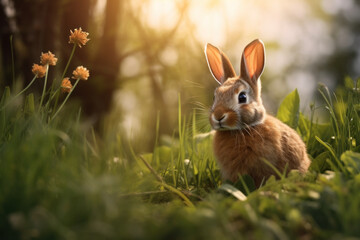 Fototapeta na wymiar Captivating bunny in a lush meadow with sunlight filtering through trees, a serene Easter scene exuding the freshness of spring