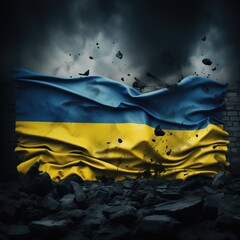 Ukraine flag national symbol on ruins wall background