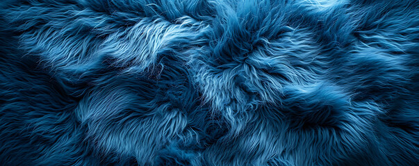 Top view of blue fur texture, resembling a sheepskin background. Shaggy fur pattern in shades of blue, providing a close-up view of wool texture. - obrazy, fototapety, plakaty