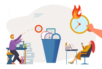 Man throwing paper airplane at wasted time concept, woman relaxing with coffee. Deadlines and productivity loss, time management failure vector illustration