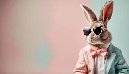 Easter bunny in clothes and sunglasses on pastel background