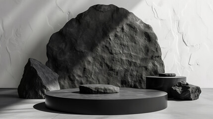 Minimal black dark circle podium rough surface rock geometric Stone and Rock shape background, mockup for podium display or showcase
