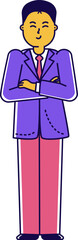 Confident businessman standing with arms crossed. Smiling young male professional in purple suit. Leadership and career concept vector illustration.