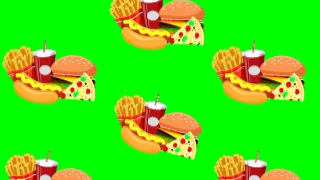 Delivery foods pizza, burger, potato fried, hot dog, soda service animation, green background.