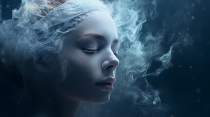 Fototapeta premium Frau mit geschlossenen Augen in frostiger Kälte mit Nebel. Illustration in kühlen Farben. 