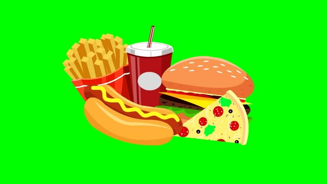 Fast food pizza, burger, potato fried, hot dog, soda animation, green background.