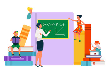 Female teacher explaining math on blackboard, students of different ages studying. Education concept, classroom learning. Kids attentive to lesson vector illustration