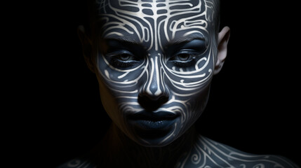 Portrait einer Frau mit abstrakter schwarz-weißer Linienmuster-Tätowierung / Bemalung im Gesicht. Nachdenklicher Blick. Beleuchtet. Fotorealistische Illustration mit schwarzem Hintergrund.