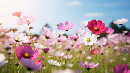 Beautiful blooming cosmos flowers plant wallpaper image Ai generated art