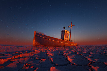 Derelict Boat on Cracked Earth Against Star-Filled Twilight Sky