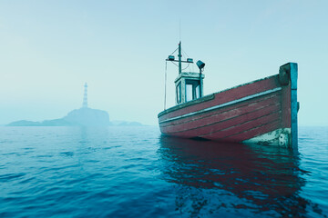 Crimson Fishing Boat by Misty Island with Lighthouse Over Tranquil Sea
