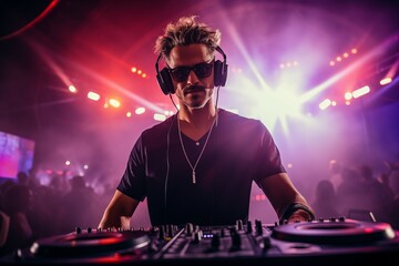 Obraz na płótnie Canvas Male DJ with Headphones in the Night Club