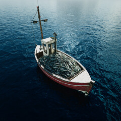 Aerial Shot of Fishing Boat with Abundant Catch in Pristine Ocean Waters