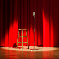 Vintage Microphone on Empty Stage with Red Curtain and Spotlight