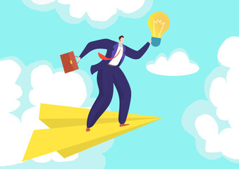 Businessman holding a light bulb riding a paper plane in the sky. Innovation and creativity in business concept. Successful idea implementation vector illustration