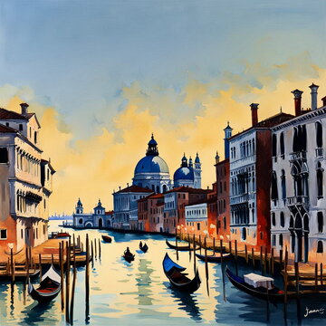 Oil painting of Venetian architecture and water canal in Venice