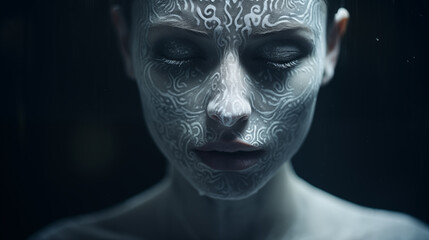 Sinnliches Portrait einer Frau mit abstraktem wei&szlig;em Muster im Gesicht. Geschlossene Augen, k&uuml;hle ruhige Atmosph&auml;re. Dunkler Hintergrund. Konzept: K&ouml;rperkunst. Illustration