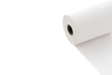 unwound paper roll, copy space, isolated on white background.