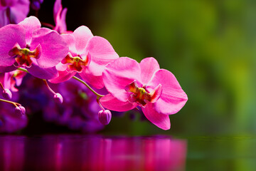 Exquisite Pink Orchids with Glass-Like Water Reflection in Bloom