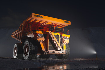 Illuminated Heavy-Duty Mining Dump Truck on Rough Terrain at Dusk © Dabarti