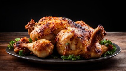 A roasted chicken is on a black plate with green garnish on a wooden table.