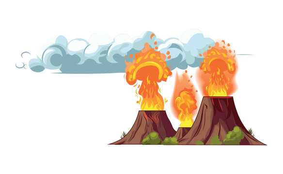Volcano of colorful set. This image showcase the magic of this cartoon volcanoes, where a fantastical cloud of smoke adds to the enchantment. Vector illustration.