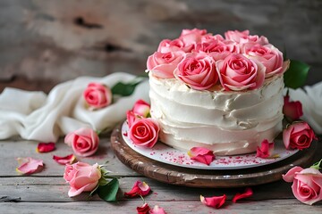 Obraz na płótnie Canvas Cake of love with rose for Valentine's background.