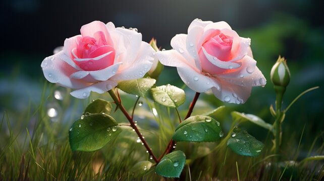 Beautiful two rose flowers plants royalty stock photos Ai generated art