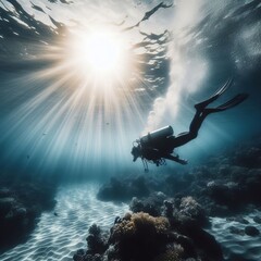 Scuba diver exploring the depths of an underwater cave. Sunlight filters through the water, creating a stunning effect.