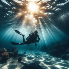 A diver swimming under the sea with sun rays shining on them.