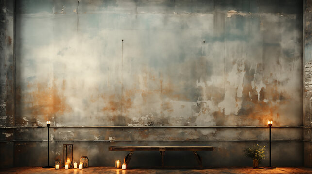Vintage grunge empty wall background with old texture, empty and tranquil space illuminated by candles