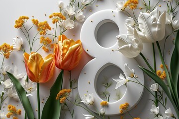 Number 8 in 3d with spring tulips flowers on white - obrazy, fototapety, plakaty