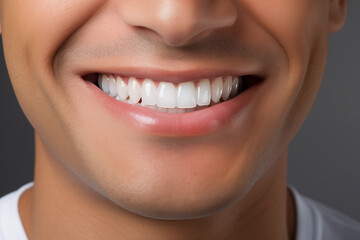 Smile, mouth and teeth whitening of man on grey background. Closeup male face with clean dental