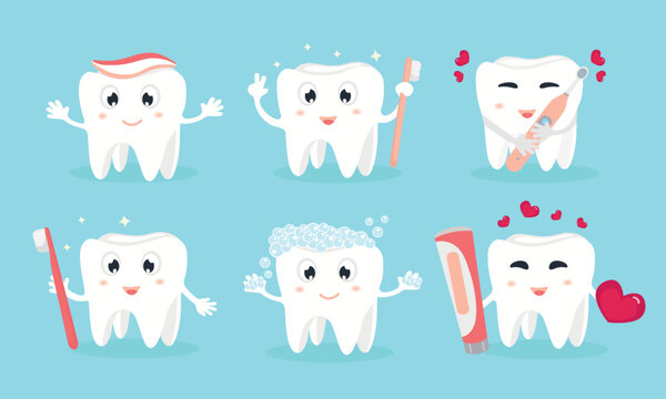 Cute cartoon tooth emoticons set. Cute tooth with different facial expressions. Dentist office, dental healthcare concept, oral hygiene. Orthodontics clinic vector illustration.