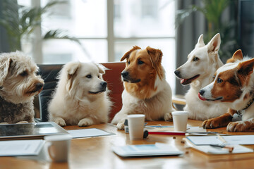 Funny dogs with teamwork meeting. Business dogs in office workplace.