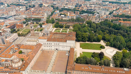 Fototapeta na wymiar Turin, Italy. Complex of buildings of the Royal Palace in Turin. Panorama of the historical city center. Summer day, Aerial View