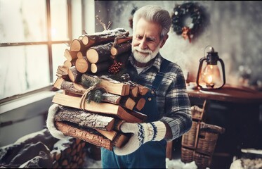 An older man with a white beard carries a stack of firewood.