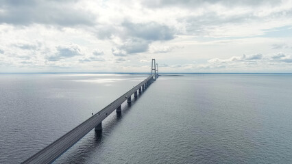 Korser, Denmark. Great Belt Bridge (Storeb?lt). Cloudy weather with gaps, Aerial View