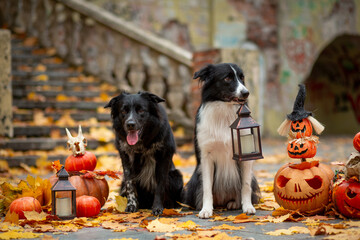 A pair of black and white Border Collies, one of them with a lantern in his teeth in pumpkins...