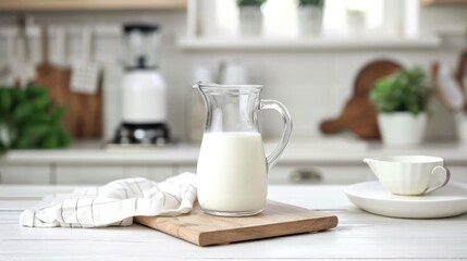 Fototapeta na wymiar Serving breakfast milk with a jug in a glass on a white wooden kitchen table. Horizontal composition. Front view