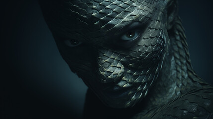 Kopf eines Menschen mit Schlangenhaut. Herausfordernder mysteri&ouml;ser Blick. Halb im Schatten. D&uuml;stere Illustration in dunklen Farben