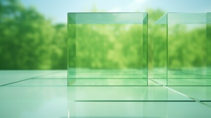 Minimal style mockup for product presentation. Ribbed glass podium on green garden background. 3d rendering illustration. Clipping path of each element included.