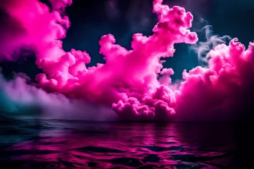 Tuinposter Pink smoke on black ink background, colorful fog, abstract swirling touch ocean sea, acrylic paint pigment underwater © Zoya