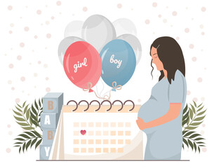 Pregnant woman standing near calendar or planner, waiting for baby, maternity concept, baby shower, flat vector illustration