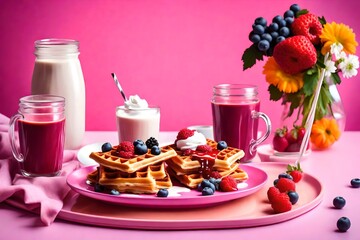 Obraz na płótnie Canvas From above tasty sweet waffles topped with berries fruits sauce and cream served on pink tray on colorful table background near glass with hot milk beverage in light kitchen