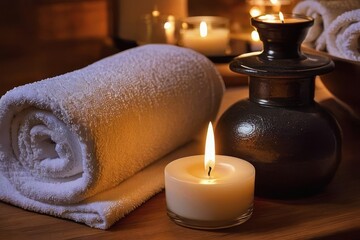 Fototapeta na wymiar Towels and aroma candles for relax spa massage and body treatment. Composition with candles, spa stones, flowers Spa setting ready for beauty treatment. Generative AI