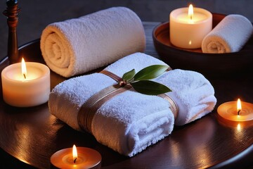 Obraz na płótnie Canvas Towels and aroma candles for relax spa massage and body treatment. Composition with candles, spa stones, flowers Spa setting ready for beauty treatment. Generative AI